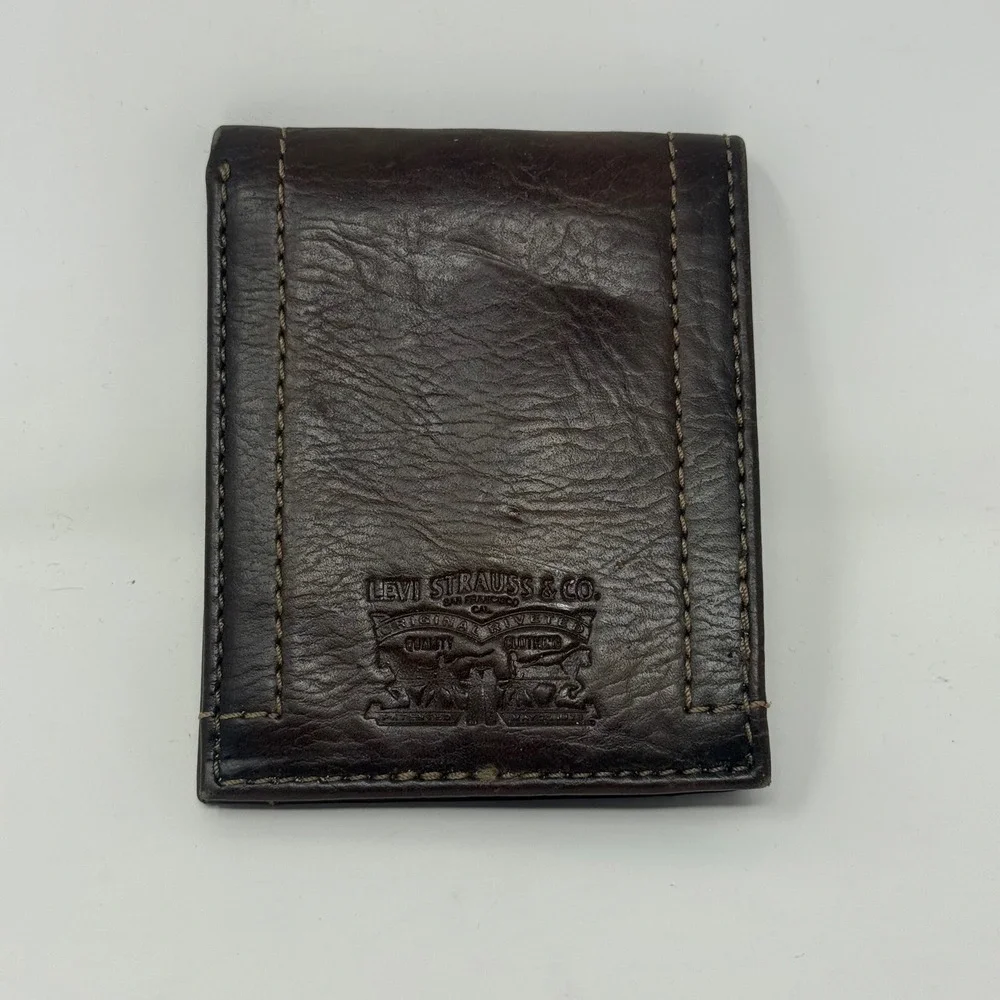 Levi Strauss Mens Bifold Leather Wallet Dark Brown ID Window Two Horse Logo
